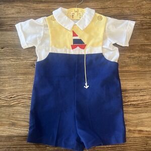 Vintage Winnie The Pooh Romper‎ 3T Blue Yellow White Sail Nautical USA Made